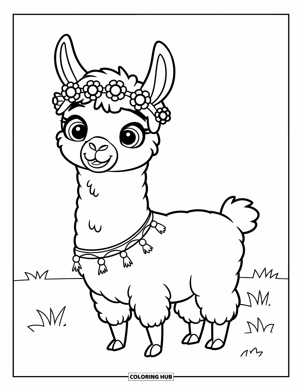 Llama Coloring Page for Kids: A sweet llama with big eyes and flowers on its head stands on a grassy patch