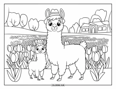 Coloriage de lama pour enfants : Des lamas coiffés de jolis chapeaux se tiennent dans un champ de tulipes près d'arbres et d'un bâtiment