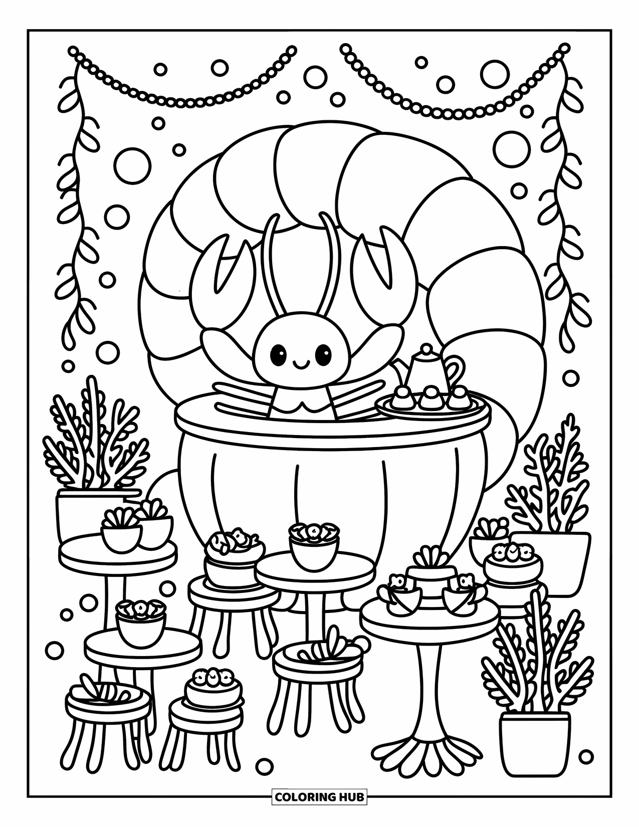 Lobster Coloring Page for Adults: A cheerful lobster serves tea and sweets in a whimsical cafÈ made from a giant shell