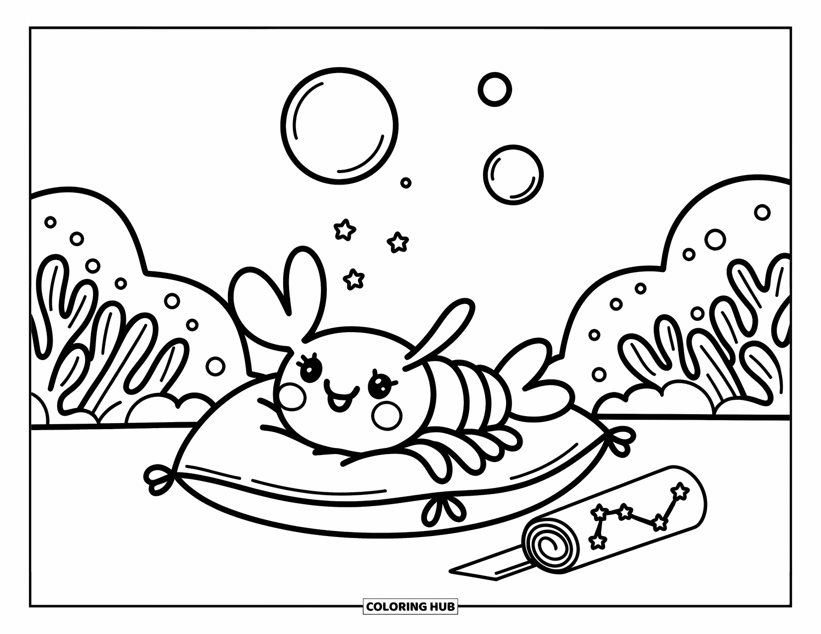 Lobster Coloring Page for Adults: A lobster gazes up at glowing star bubbles from a soft reef pillow