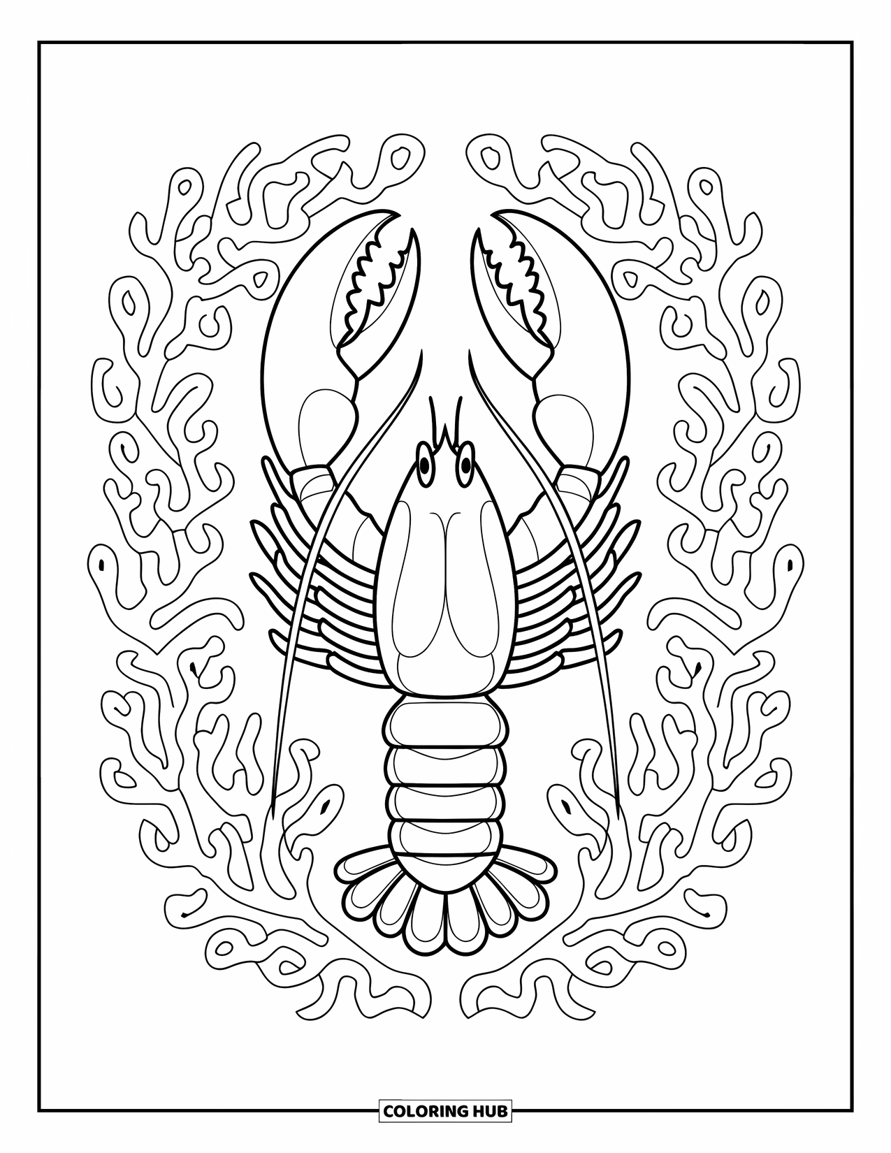 Lobster Coloring Page for Adults: A lobster is centered among elegant coral branches with bold outlines and fine details