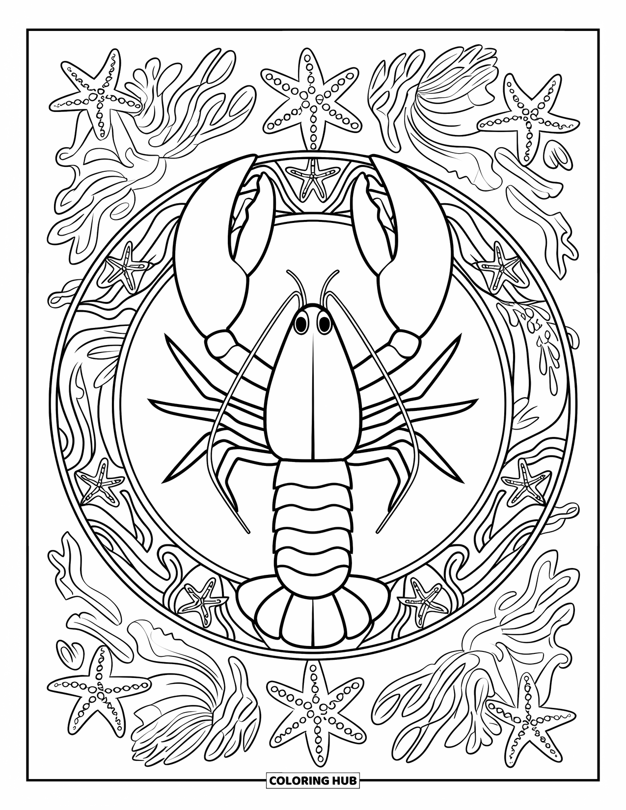 Lobster Coloring Page for Adults: A lobster is centered in a mandala of flowing seaweed and tiny starfish patterns