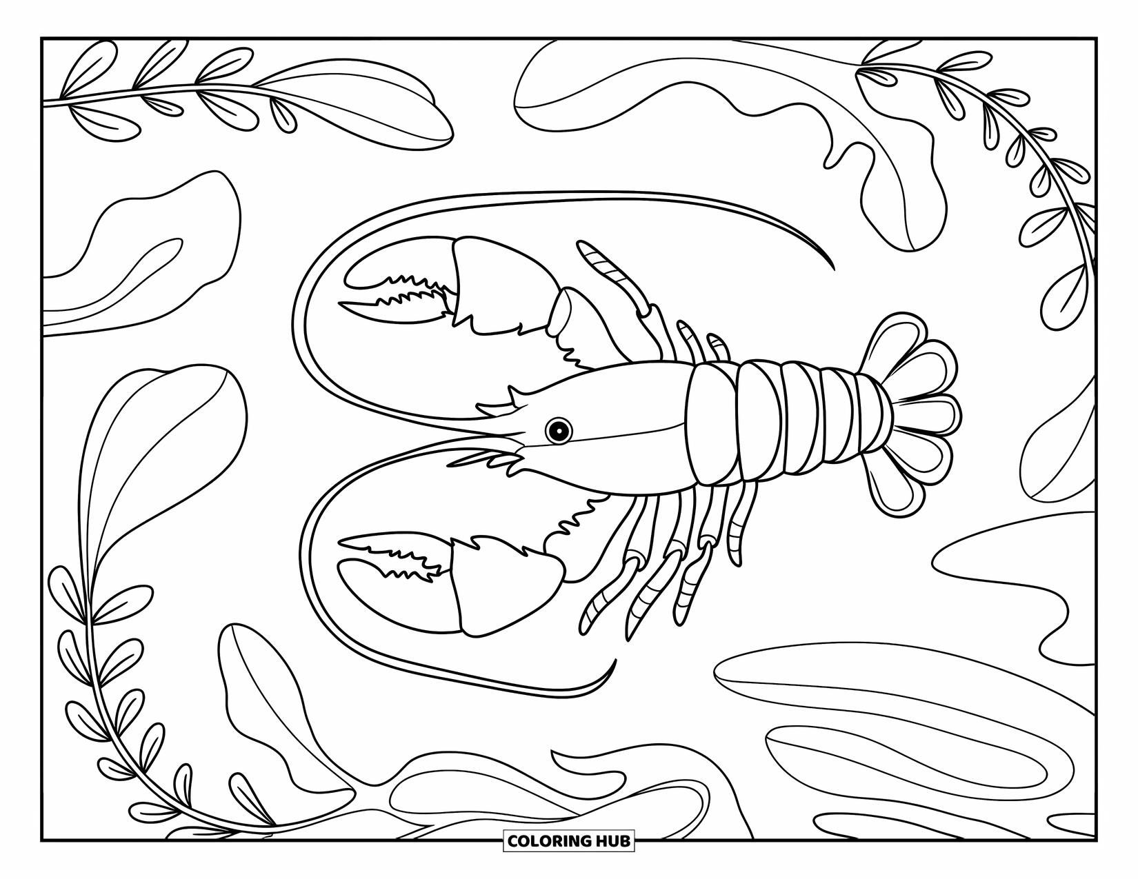 Lobster Coloring Page for Adults: A lobster is framed by kelp and floral ocean details in a bold, elegant layout