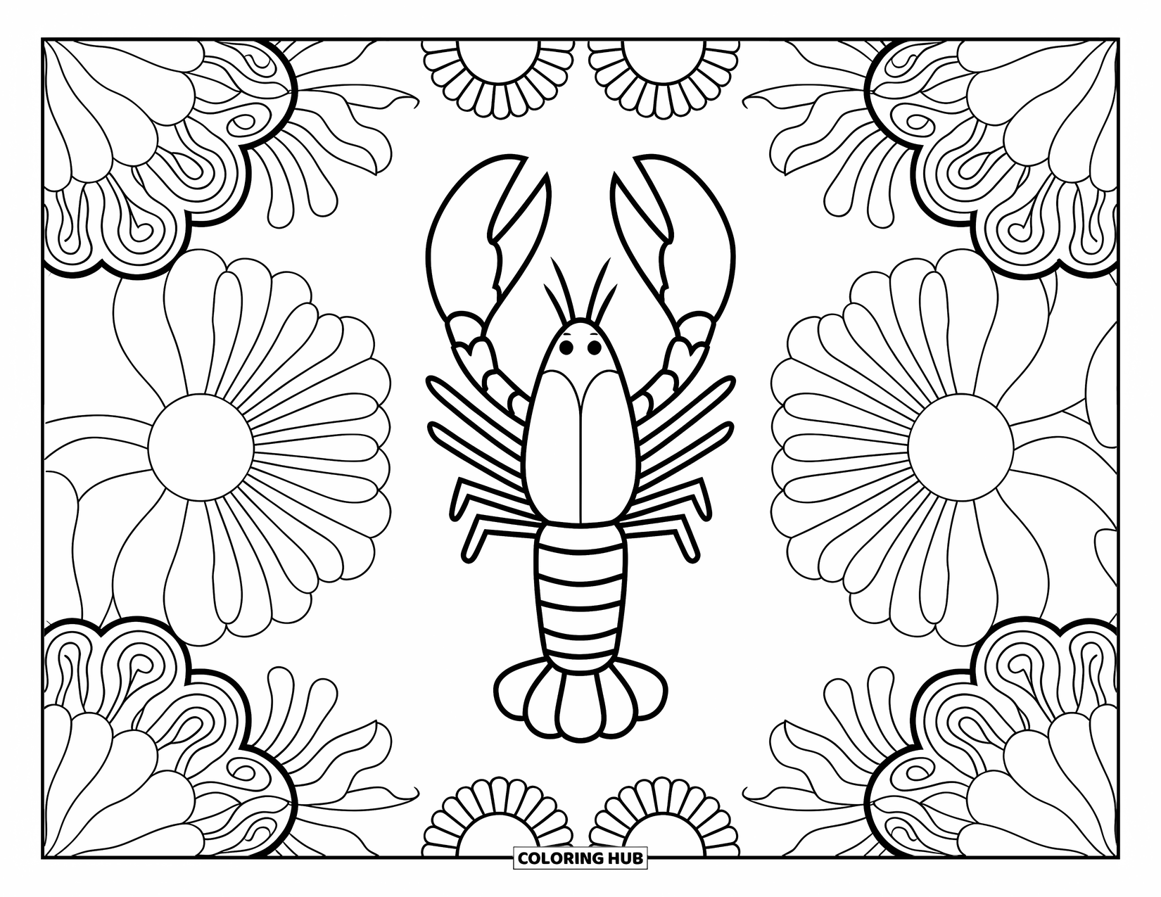 Lobster Coloring Page for Adults: A lobster is surrounded by detailed ocean flowers and sea anemones in a symmetrical design