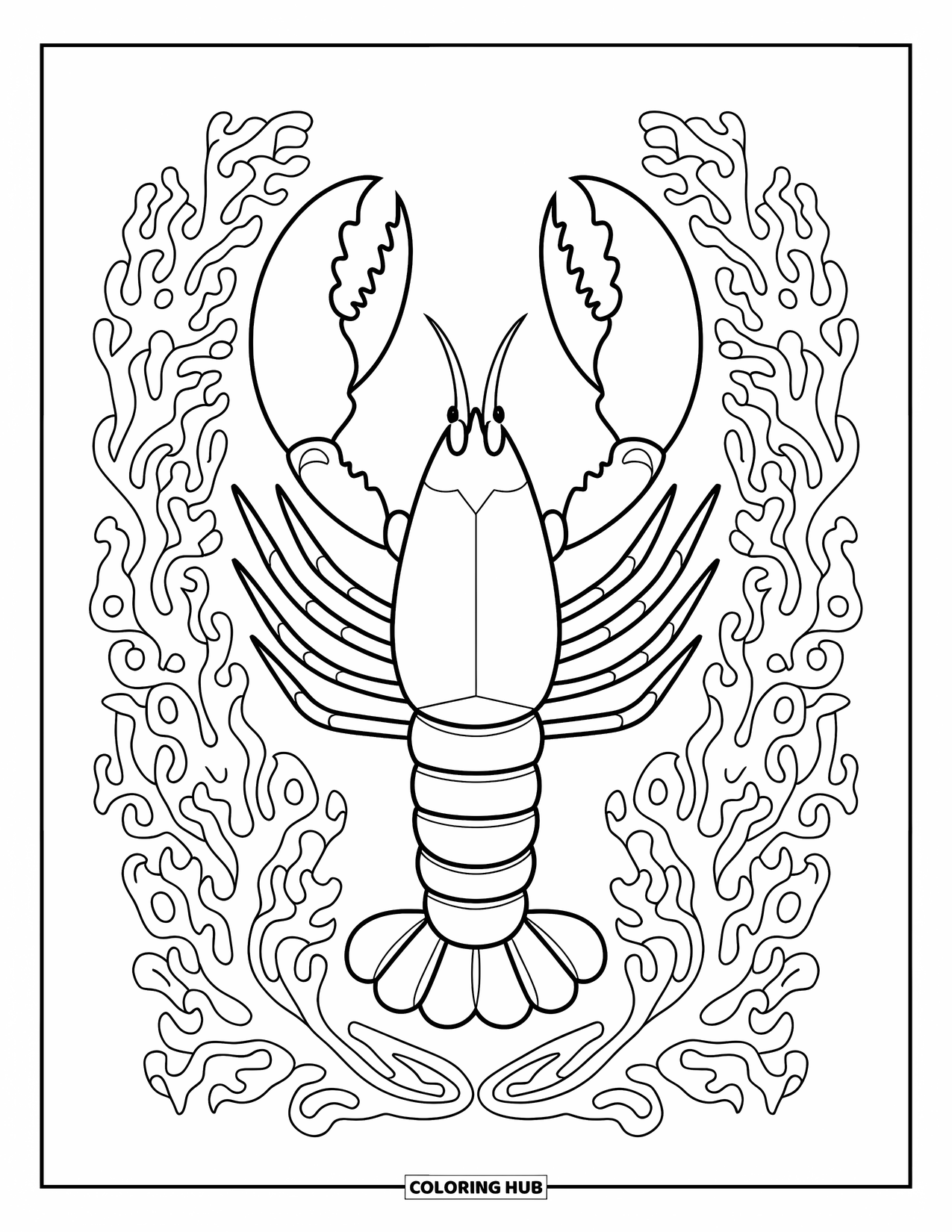 Lobster Coloring Page for Adults: A lobster is surrounded by intricate coral branches forming a delicate underwater pattern