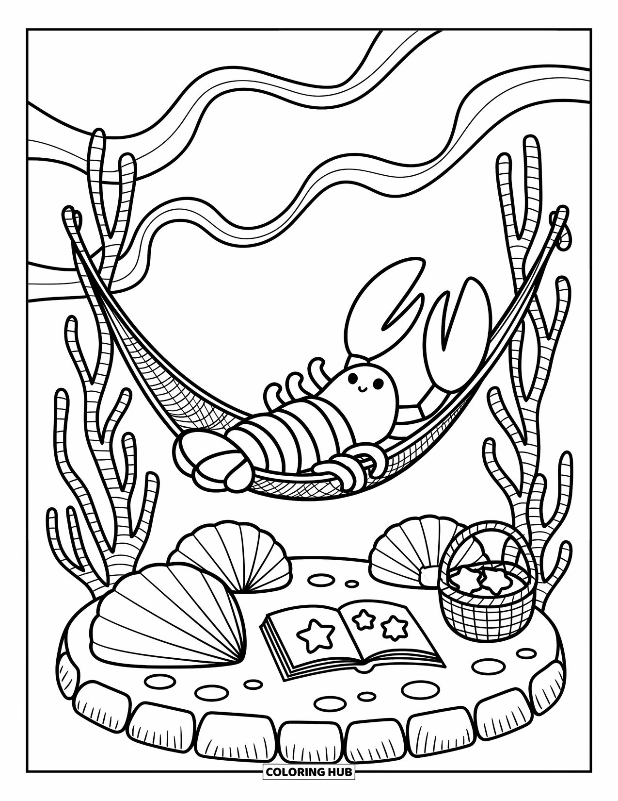 Lobster Coloring Page for Adults: A lobster naps in a hammock with books, pillows, and star-shaped treats nearby