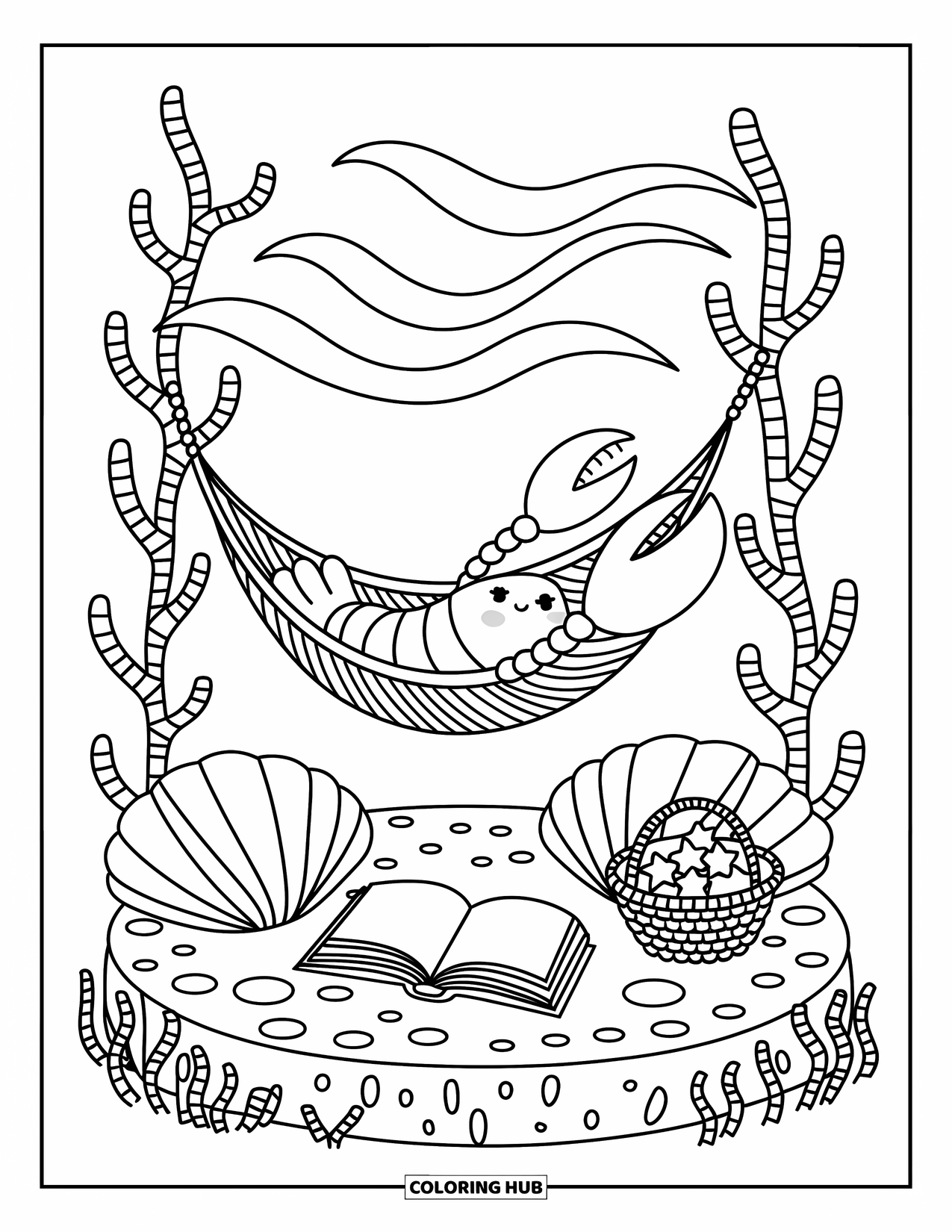 Lobster Coloring Page for Adults: A lobster relaxes in a seaweed hammock above pillows, a book, and star snacks