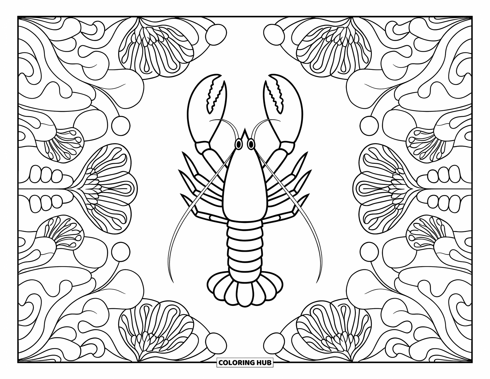 Lobster Coloring Page for Adults: A lobster rests in a floral sea pattern filled with ocean blooms and artistic swirls