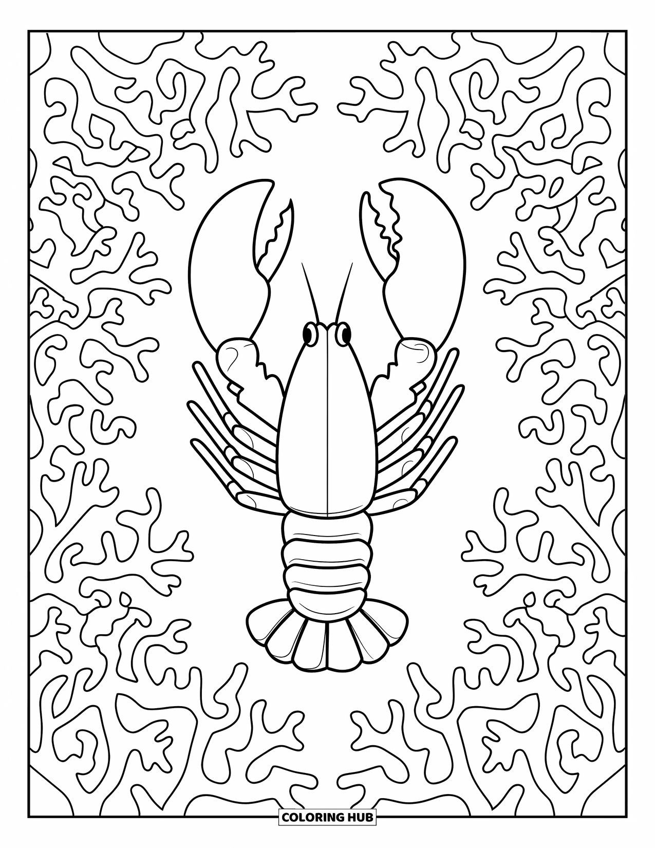Lobster Coloring Page for Adults: A lobster rests on a bed of coral branches that twist into a beautiful sea pattern