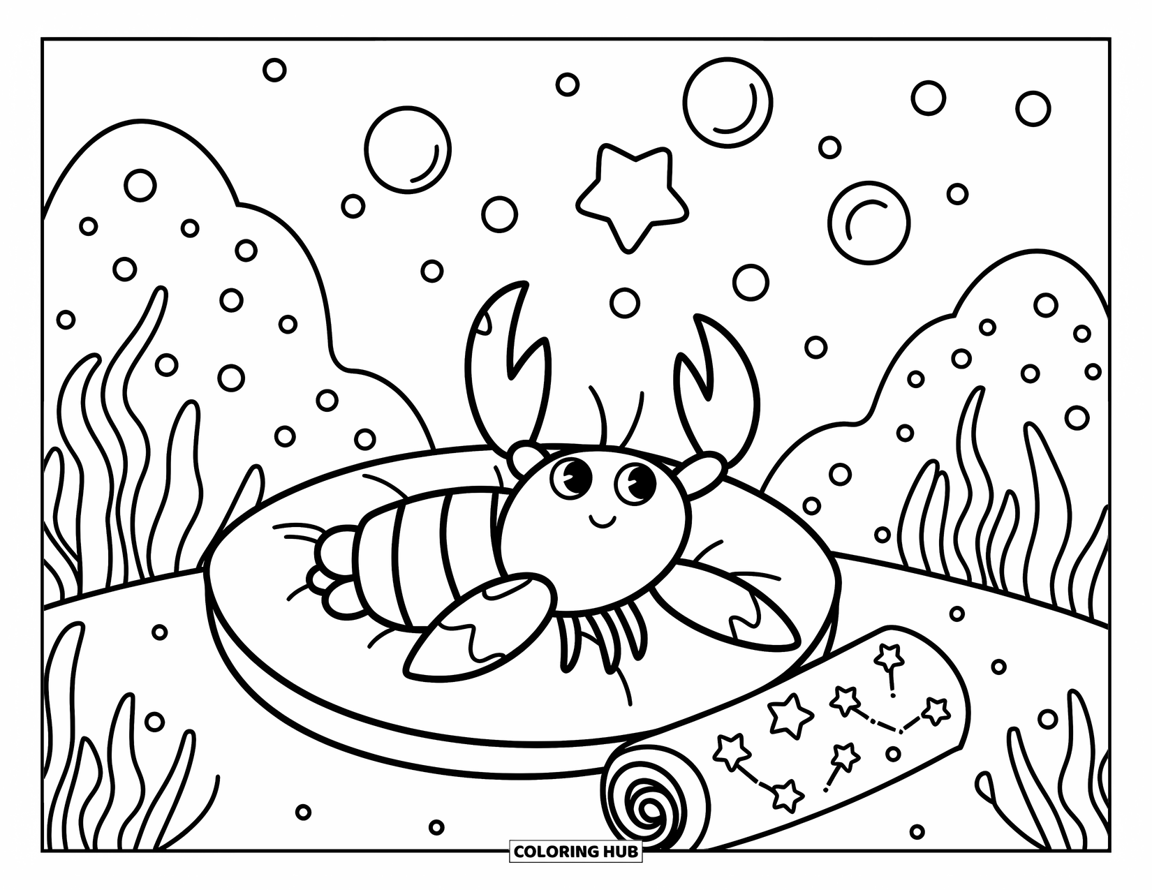 Lobster Coloring Page for Adults: A lobster rests on a soft pillow, admiring bubble constellations and coral hills
