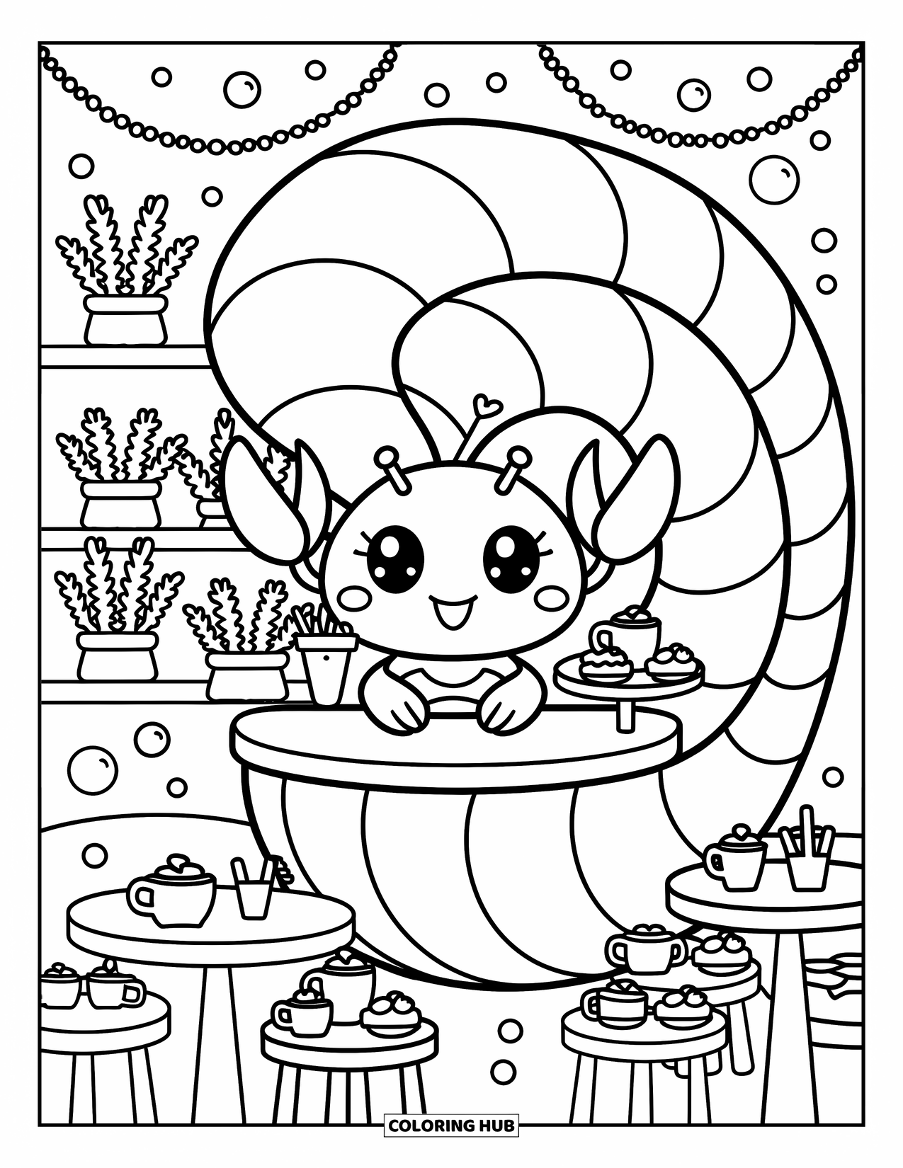 Lobster Coloring Page for Adults: A lobster serves tea and treats inside a spiral shell cafÈ with kelp cups and coral pots