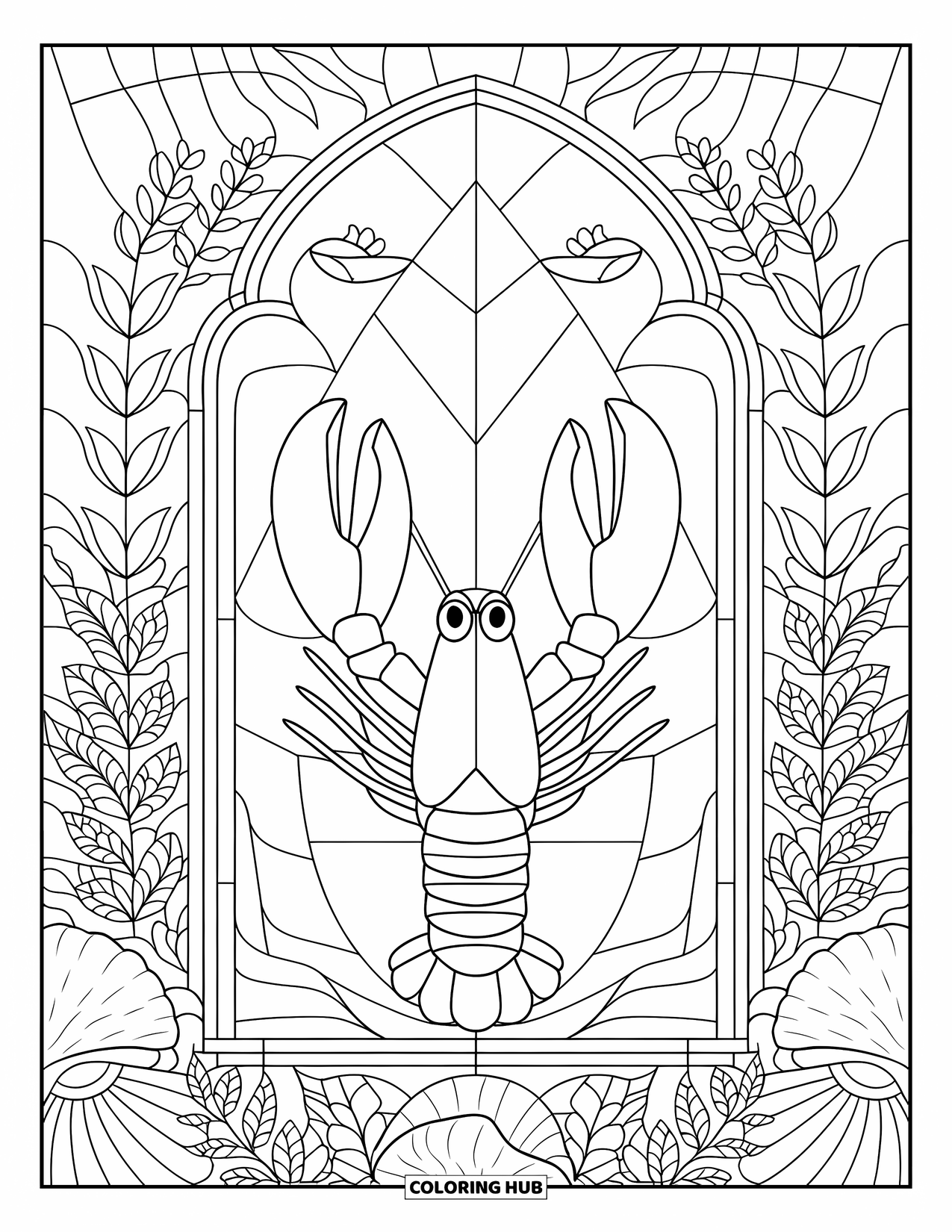 Lobster Coloring Page for Adults: A lobster sits inside a shell-and-plant stained glass arch with ocean-inspired shapes
