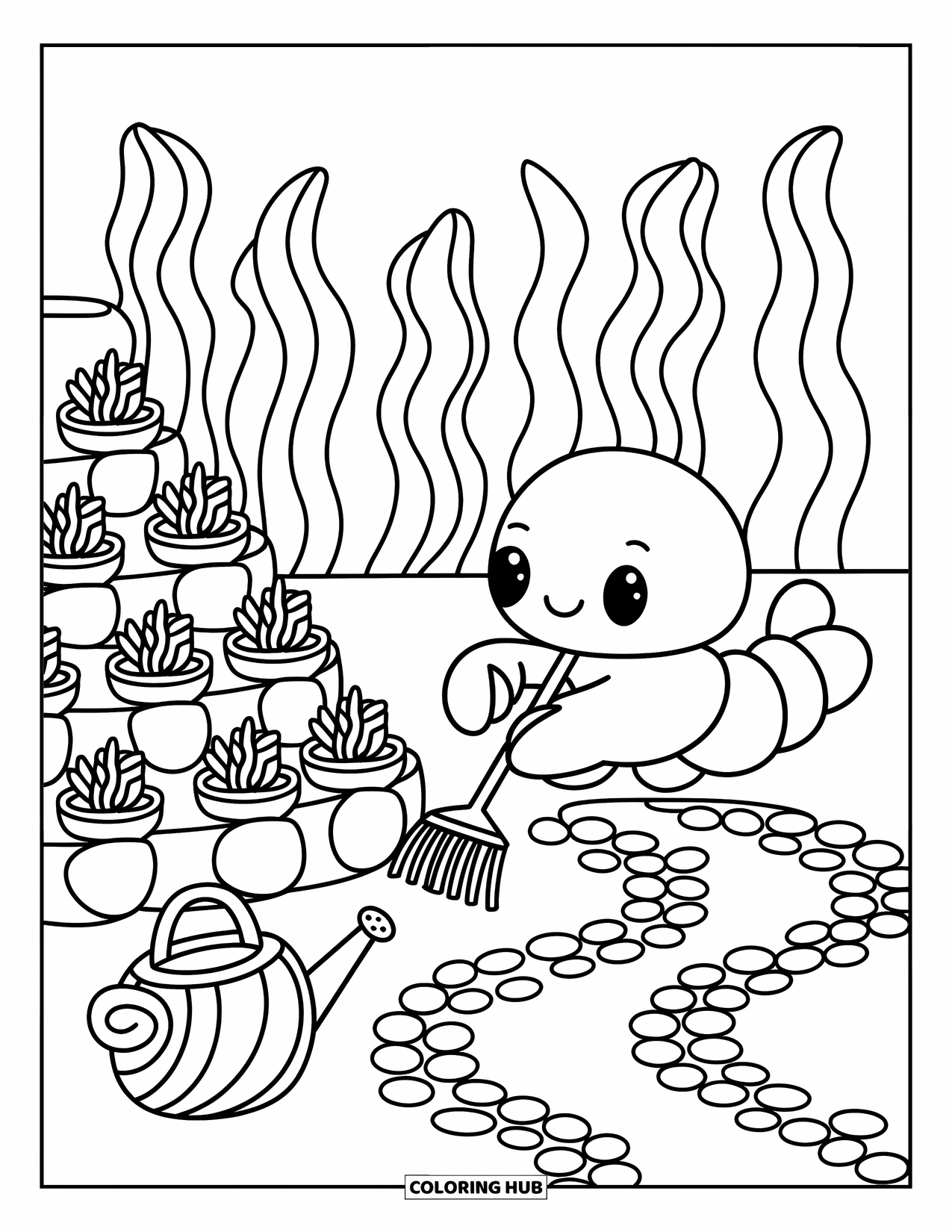 Lobster Coloring Page for Adults: A lobster tends to shell-potted plants with a seashell watering can in a coral garden