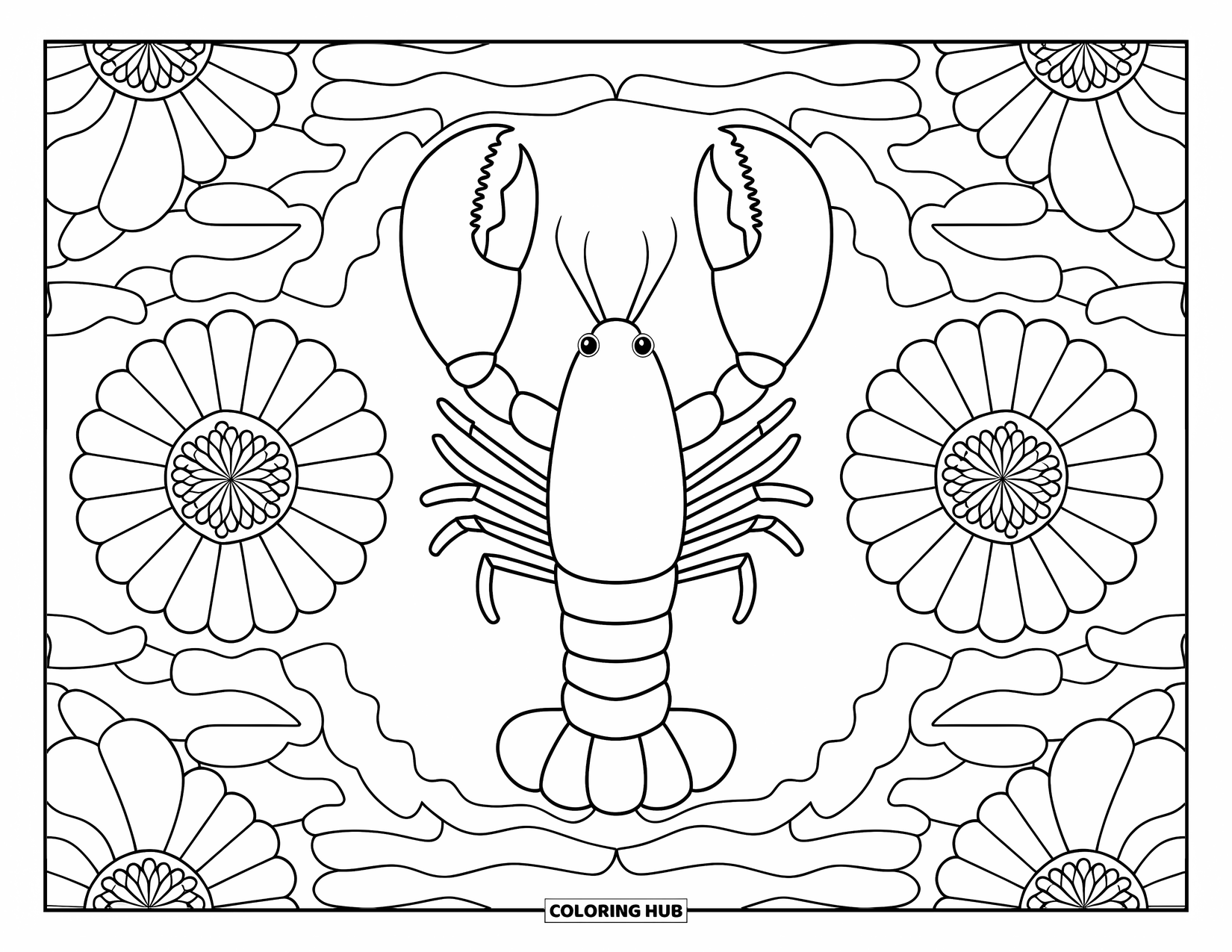 Lobster Coloring Page for Adults: A lobster with raised claws is framed by sea flowers and wavy water patterns