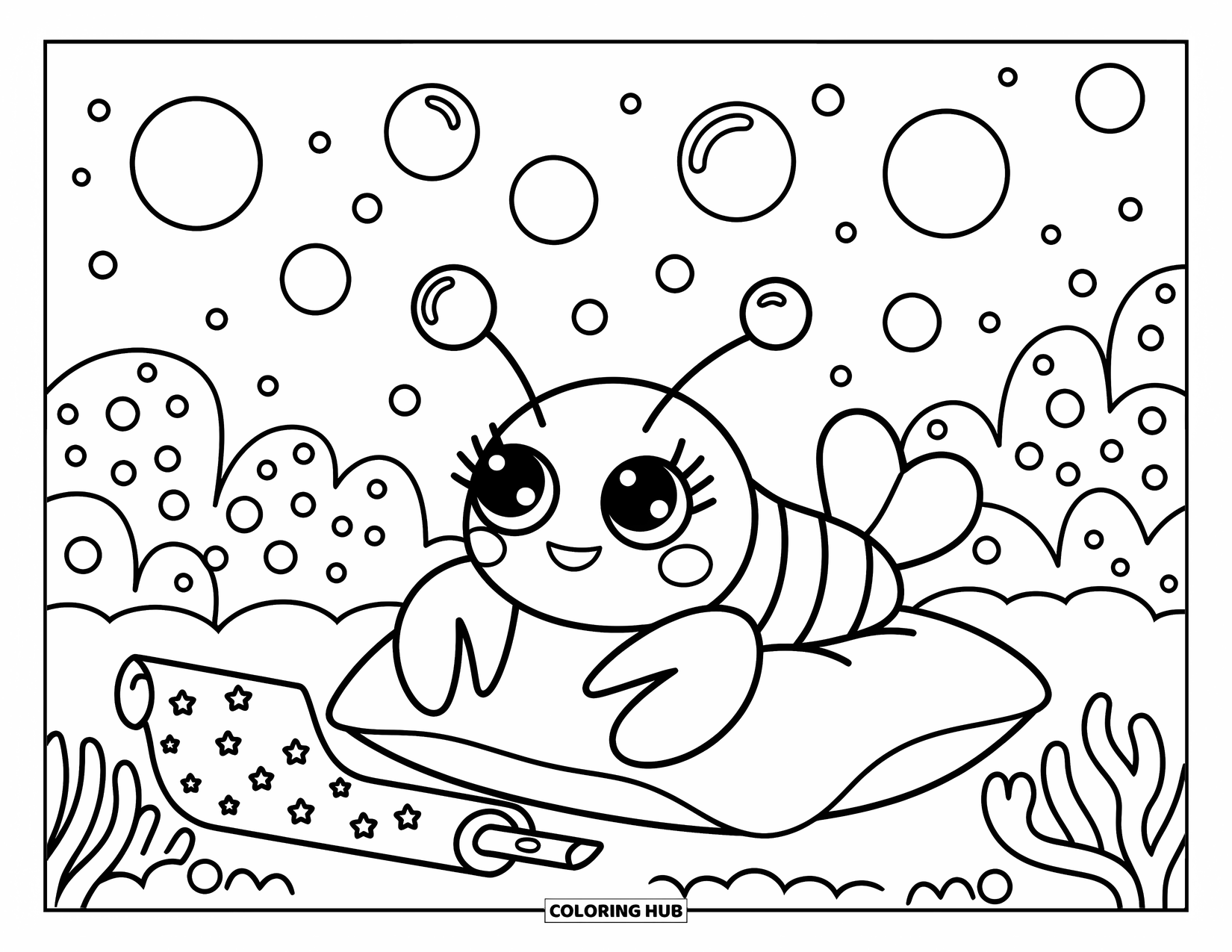 Lobster Coloring Page for Adults: A lobster with sparkly eyes looks up at dreamy star bubbles in the night sea