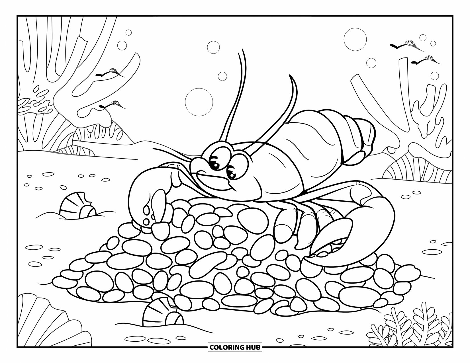 Lobster Coloring Page for Kids: A cheerful lobster in a hat adds to a pebble pile by some shells