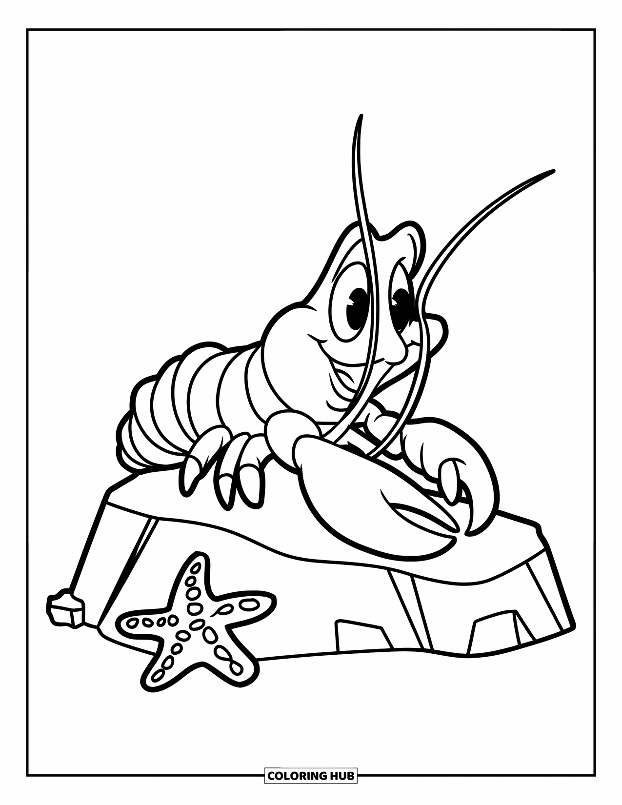 Lobster Coloring Page for Kids: A cheerful lobster sits on a rock beside a friendly starfish