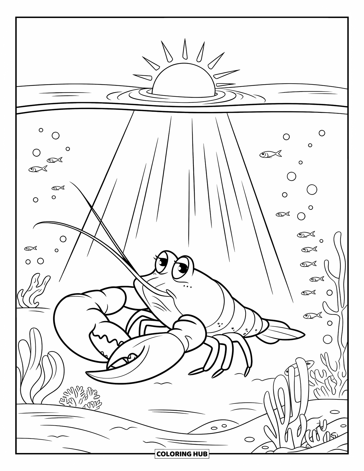 Lobster Coloring Page for Kids: A cheerful lobster smiles under sunbeams shining through clear water