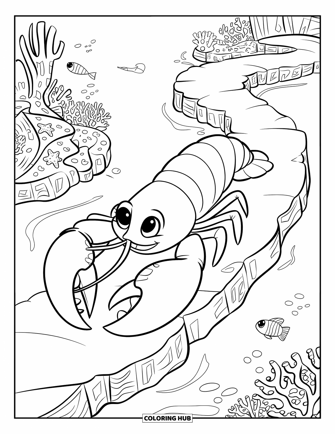 Lobster Coloring Page for Kids: A grinning lobster explores a coral path surrounded by sea life