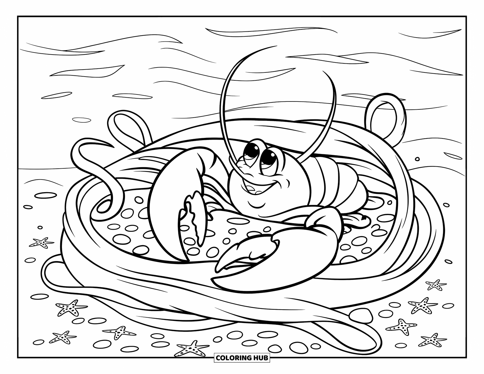 Lobster Coloring Page for Kids: A grinning lobster lounges in curly seaweed with starfish and pebbles nearby