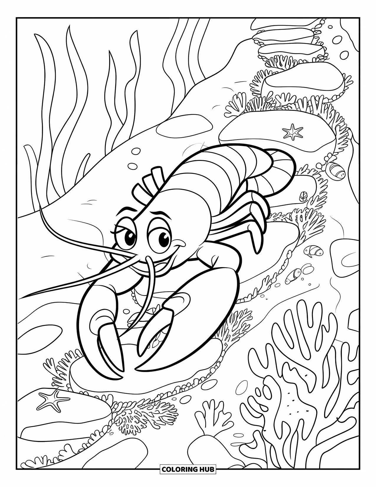 Lobster Coloring Page for Kids: A happy lobster crawls along a coral-covered path with sea creatures nearby