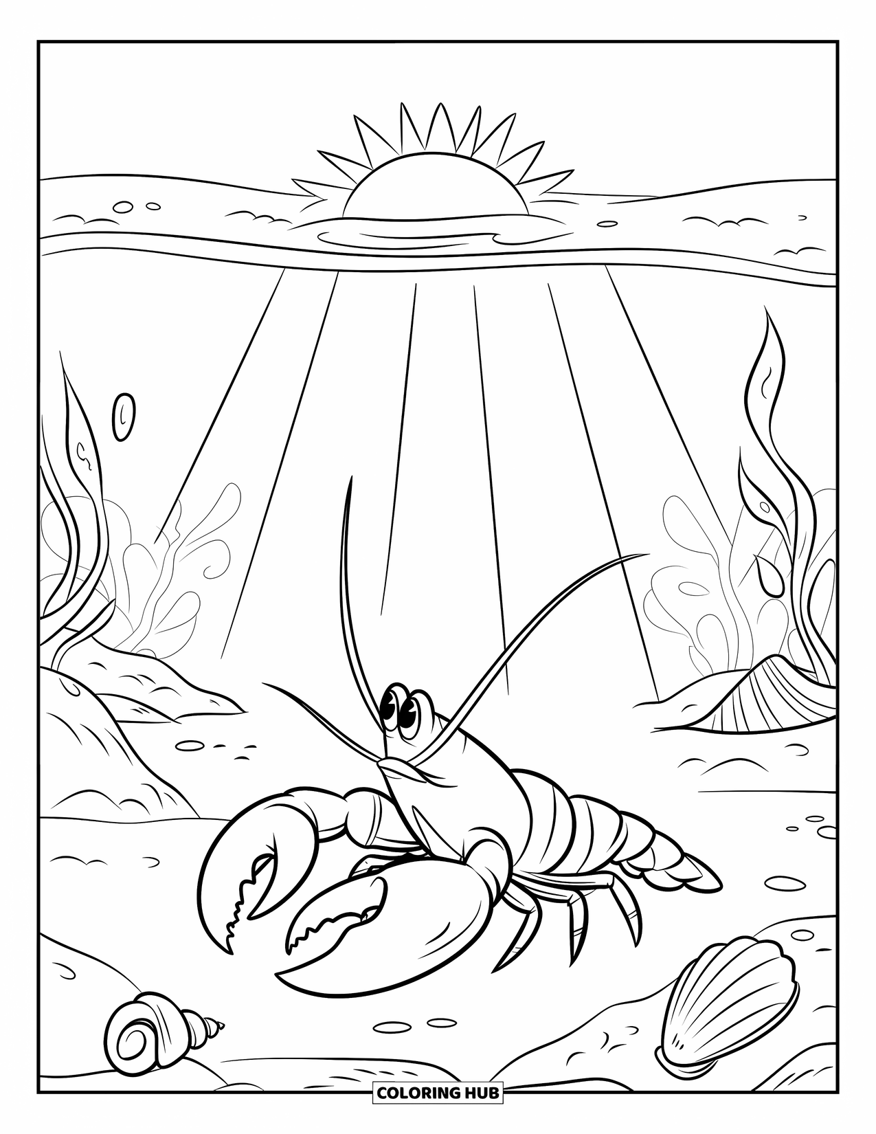 Lobster Coloring Page for Kids: A lobster basks on the ocean floor beneath a warm sunbeam
