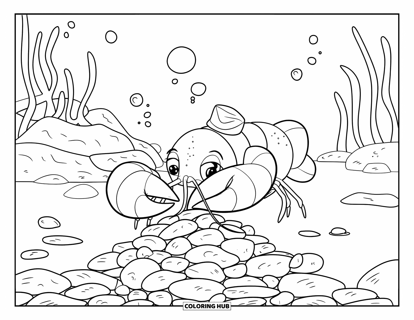Lobster Coloring Page for Kids: A lobster builds a pebble pile under the sea with seaweed all around