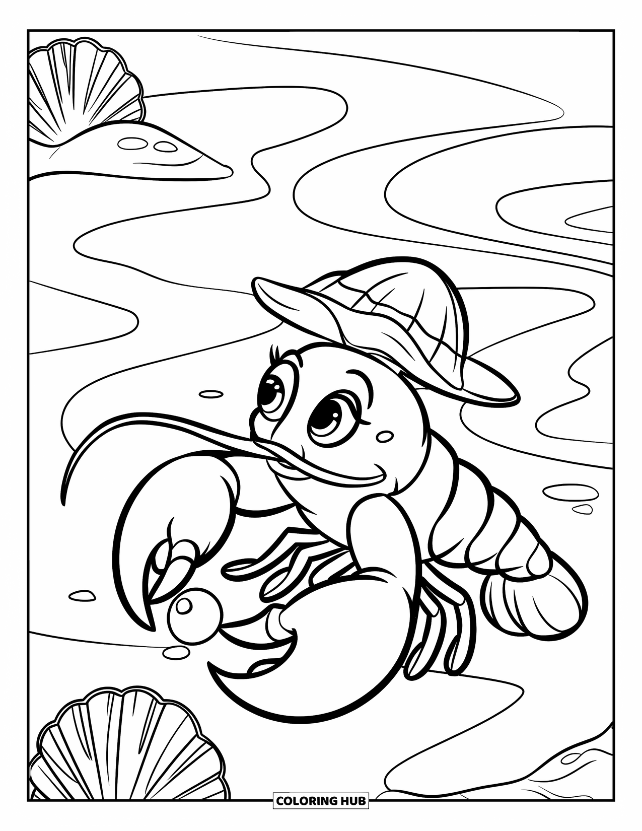 Lobster Coloring Page for Kids: A lobster holds a tiny pearl beside a gently curving sandbank