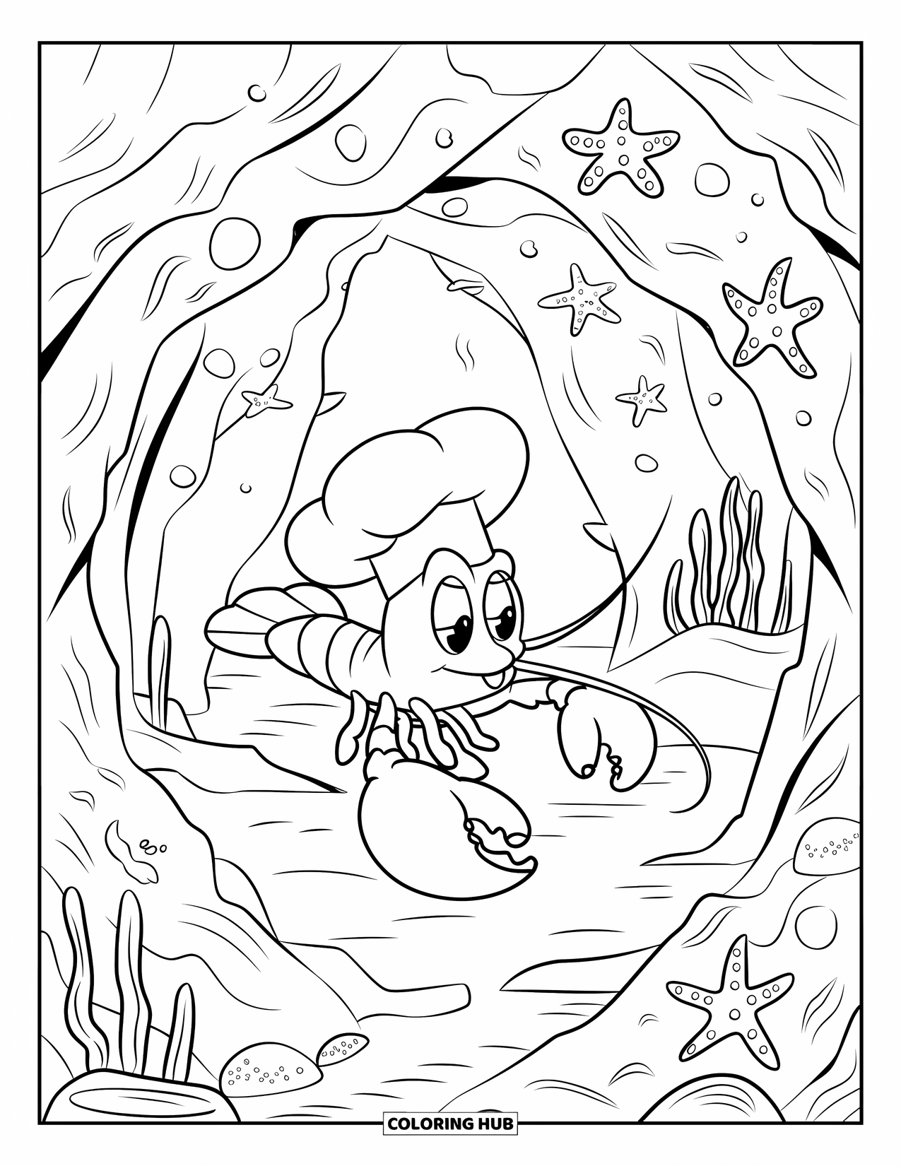 Lobster Coloring Page for Kids: A lobster in a chef's hat explores a rocky cave dotted with starfish