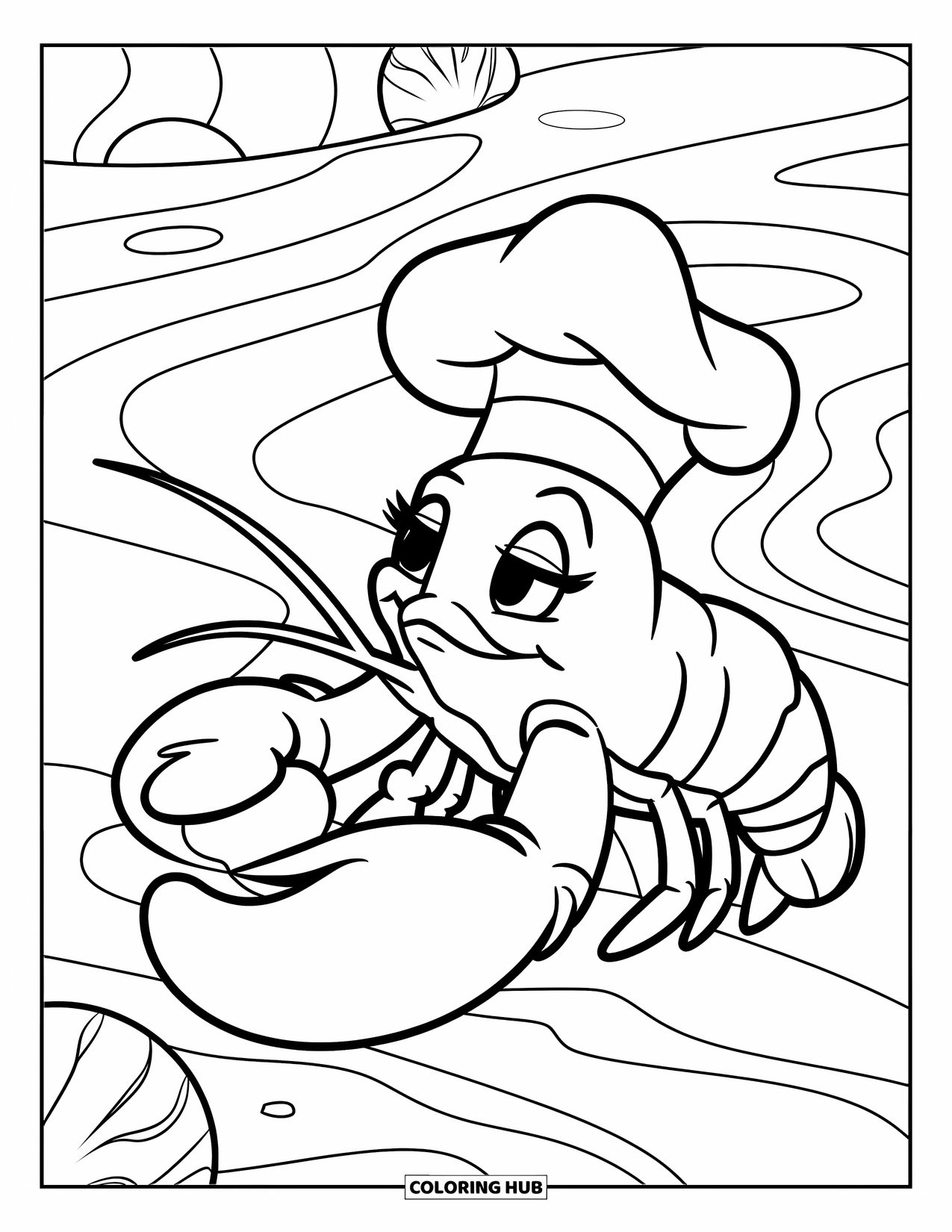 Lobster Coloring Page for Kids: A lobster in a chef's hat holds a pearl beside a wavy sandbank
