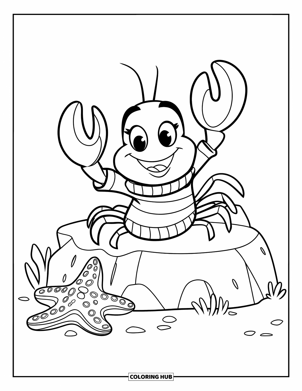 Lobster Coloring Page for Kids: A lobster in a striped sweater sits happily on a rock with a starfish