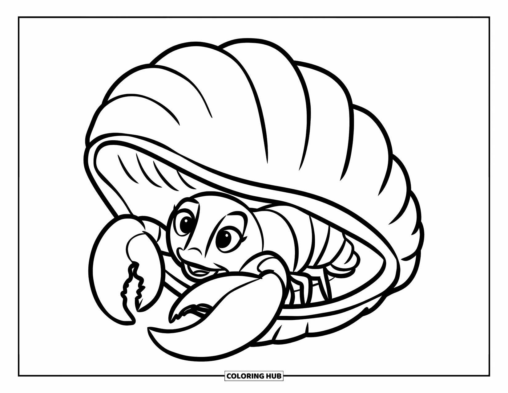 Lobster Coloring Page for Kids: A lobster playfully peeks from behind a big seashell on a sunny day