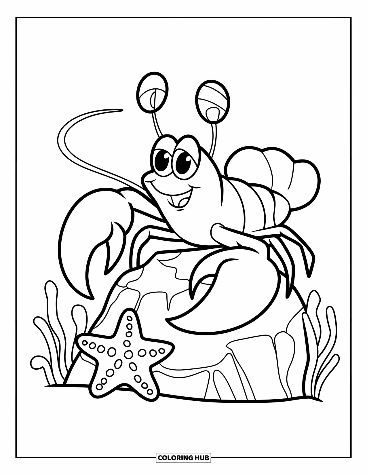 Lobster Coloring Page for Kids: A lobster sits cheerfully on a rock while a starfish rests close by