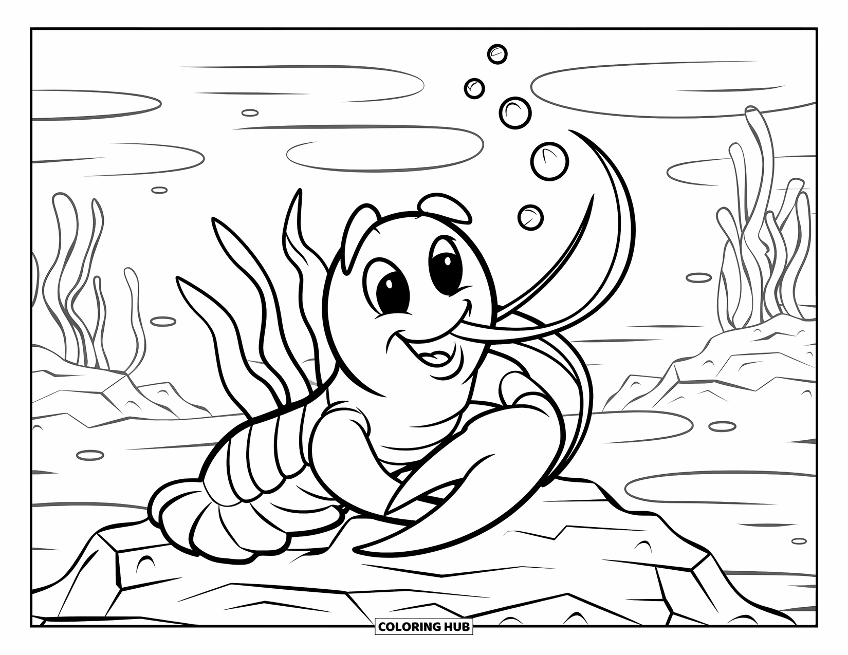 Lobster Coloring Page for Kids: A lobster sits on a rock blowing bubbles while seaweed sways gently behind it