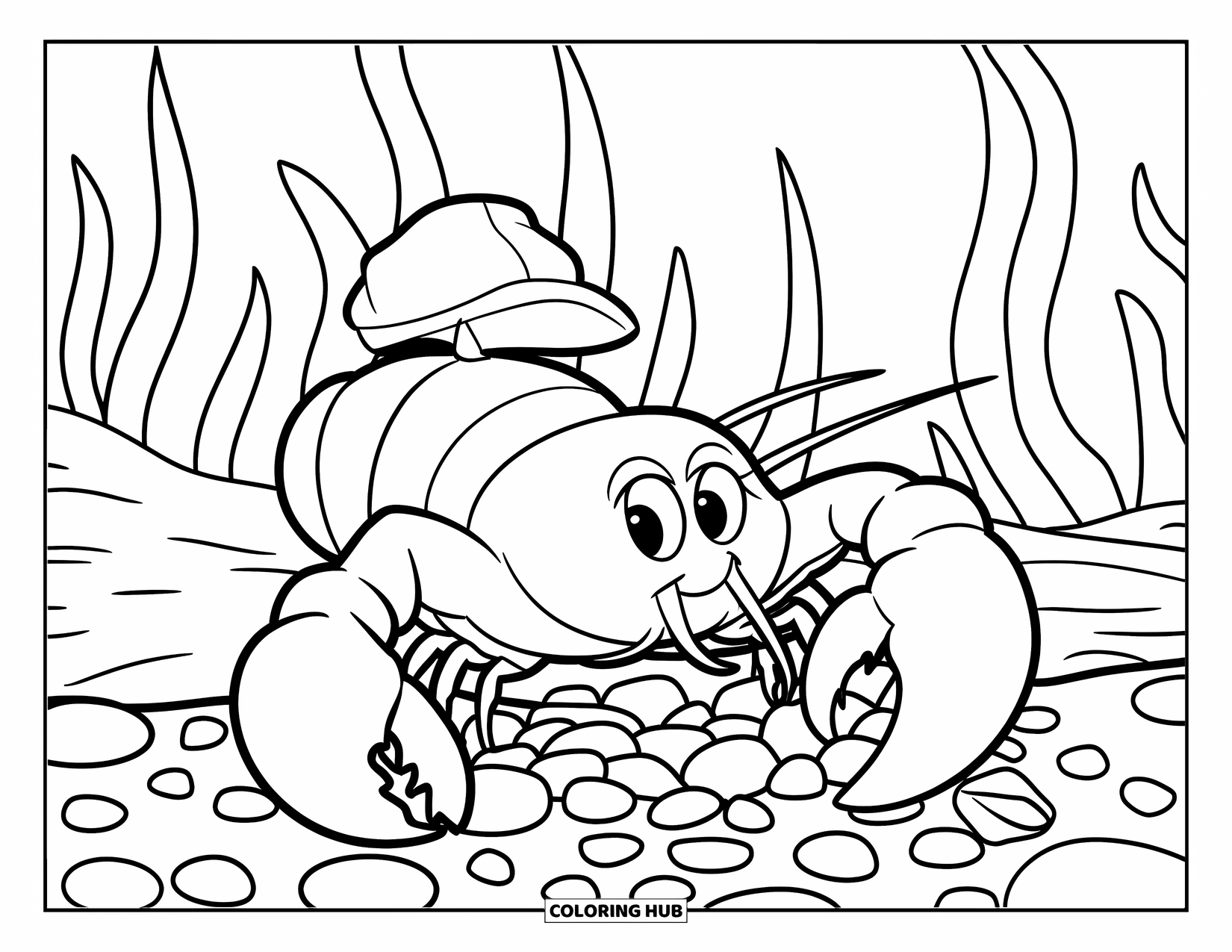 Lobster Coloring Page for Kids: A lobster with big claws builds a pebble tower near seaweed and bubbles