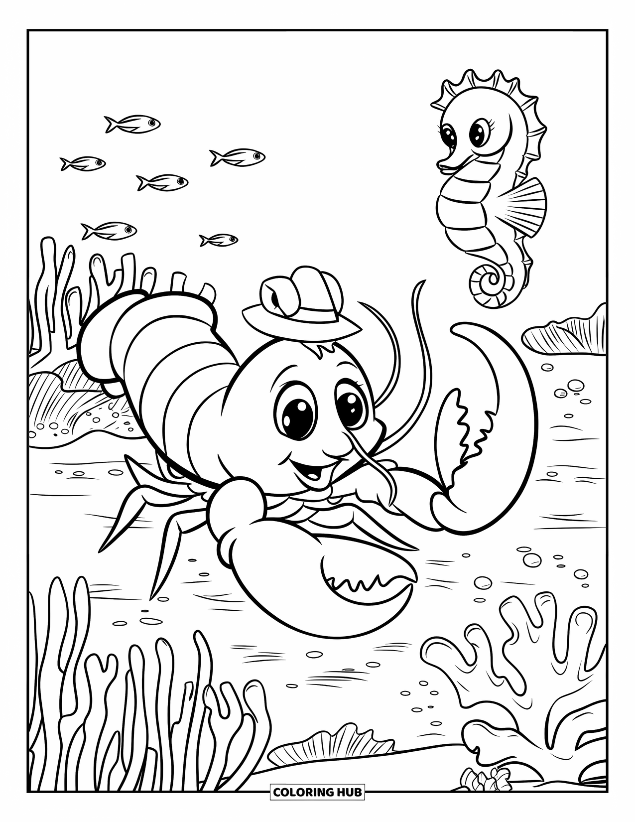 Lobster Coloring Page for Kids: A small lobster in a hat explores coral reefs alongside a nearby seahorse