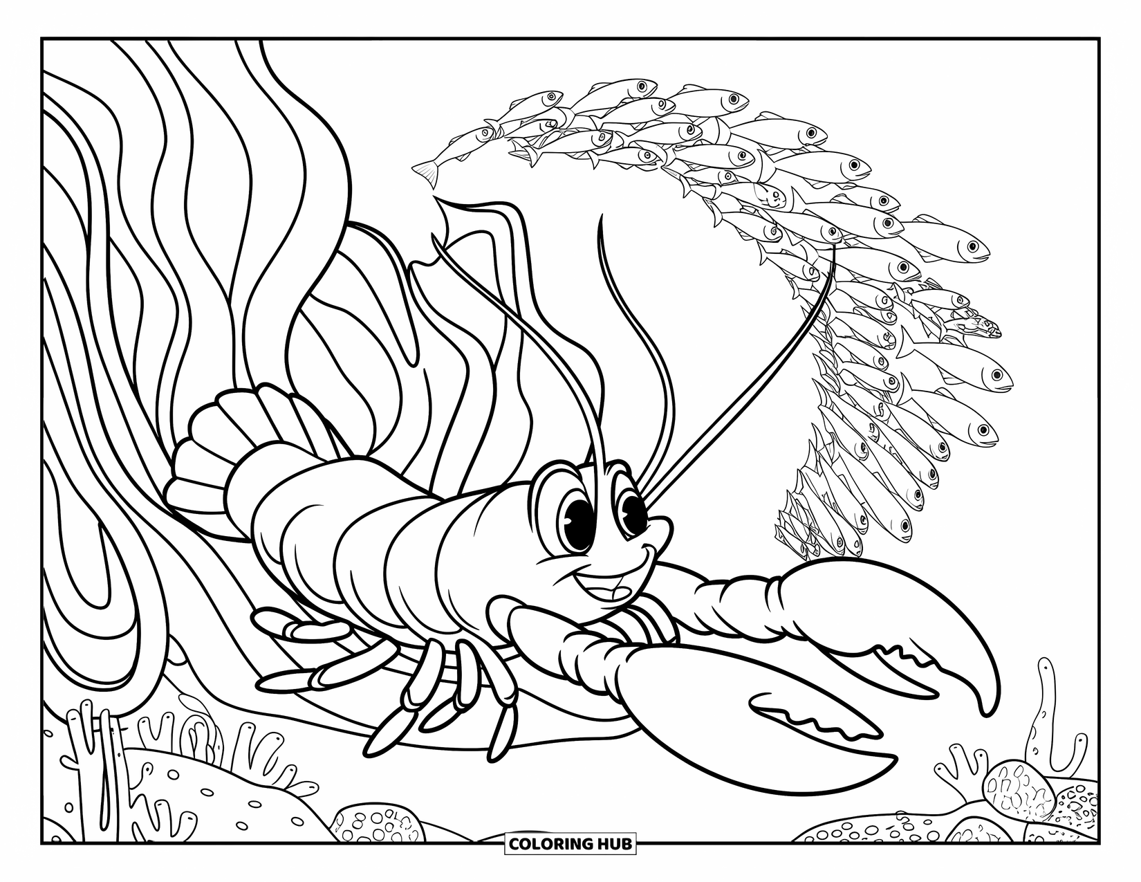 Lobster Coloring Page for Kids: A smiling lobster glides past swaying seaweed and a graceful school of fish