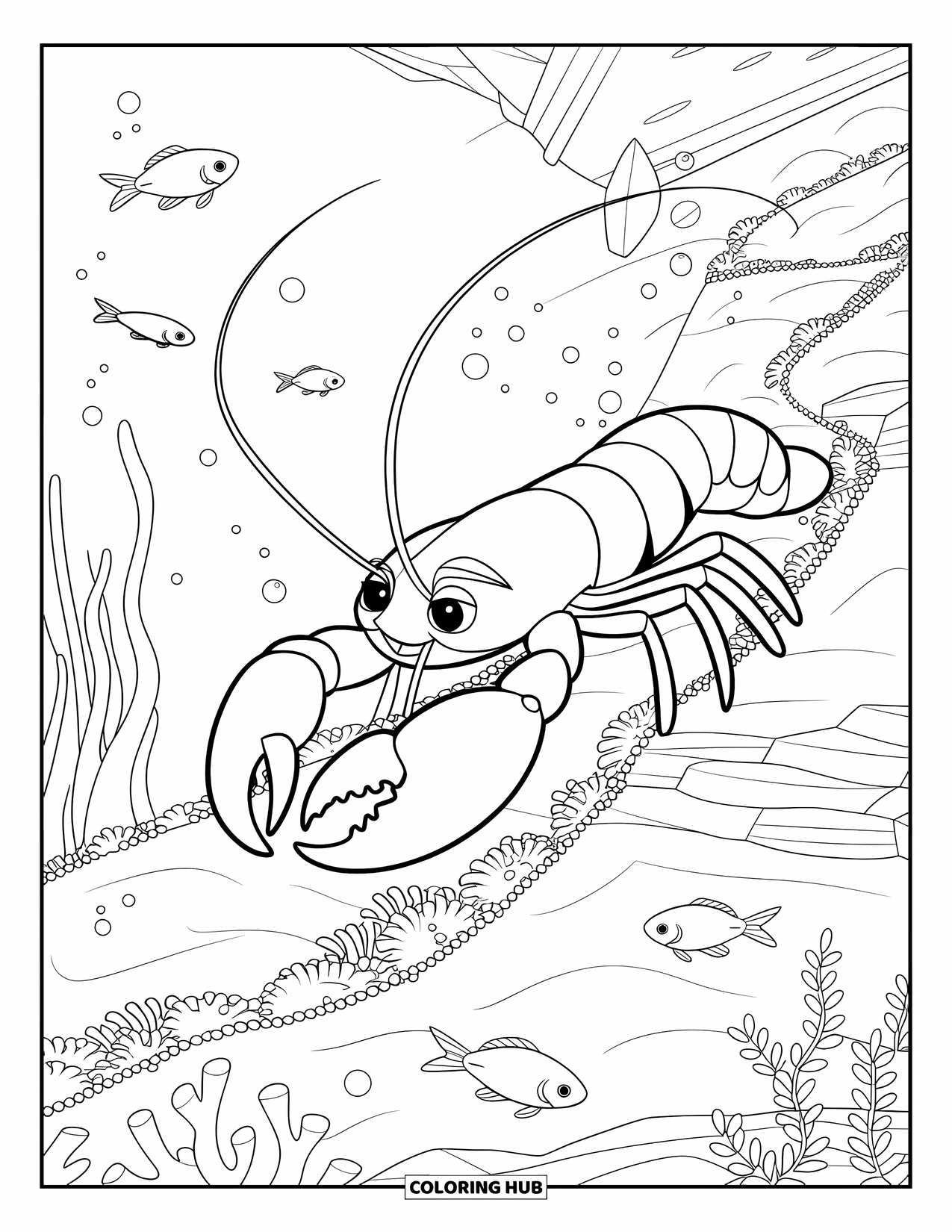 Lobster Coloring Page for Kids: A smiling lobster in a hat walks down a coral path near a shipwreck
