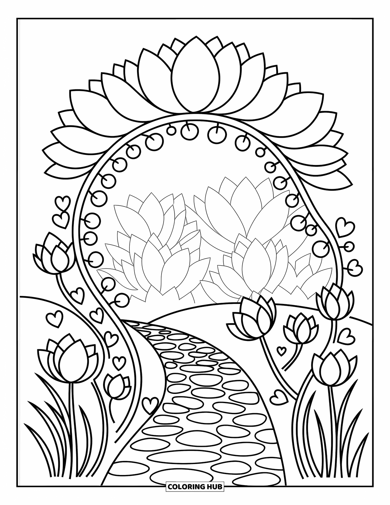 Lotus Coloring Page for Adults: Arch of lotus petals and vines frames a pebble path with lotus buds