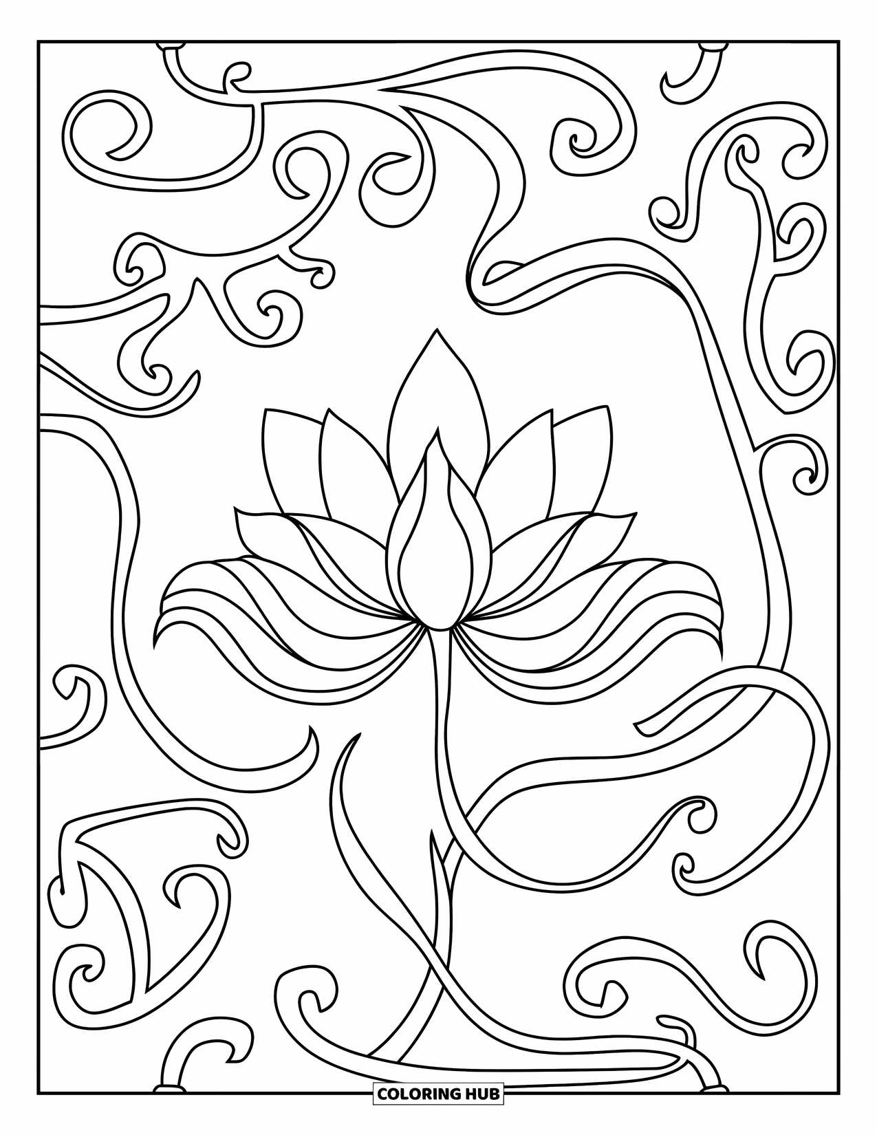 Lotus Coloring Page for Adults: Bold lotus bloom with swirling vines and decorative curves