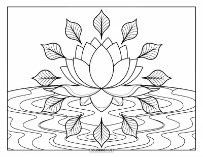 Coloriage de lotus pour adultes : Un lotus affirmé avec des ondulations et une bordure de feuilles sur un fond épuré