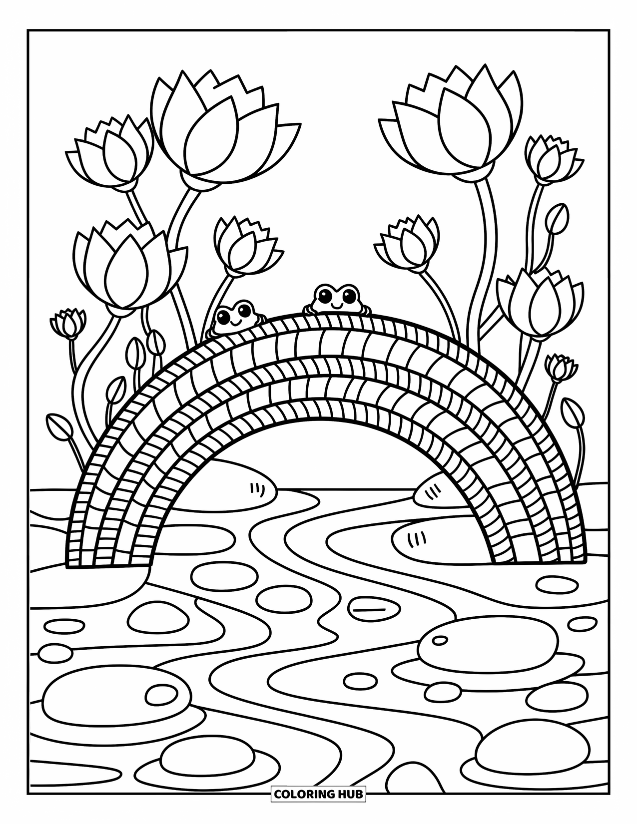 Lotus Coloring Page for Adults: Bridge of lotus stems with frogs and ducks spans a peaceful stream