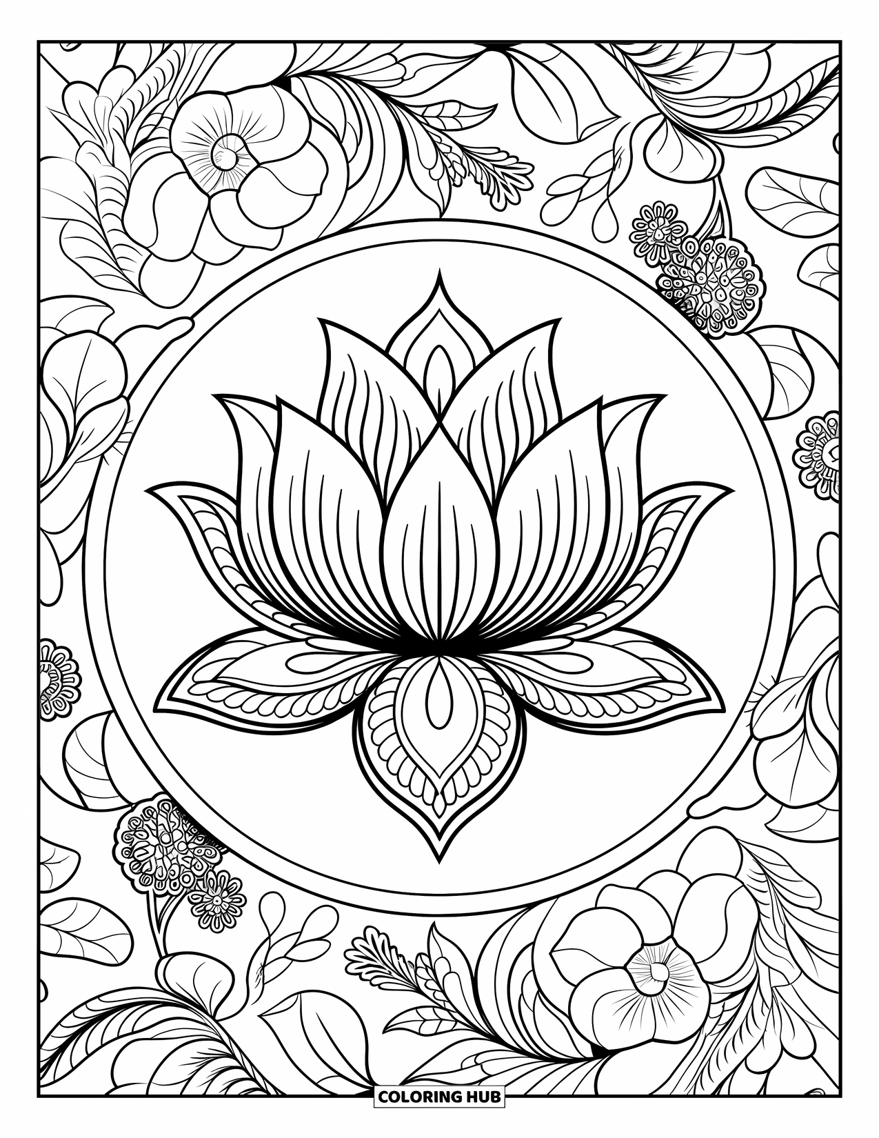 Lotus Coloring Page for Adults: Central lotus with flowers and vines forming a decorative mandala
