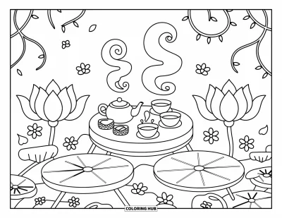 Coloriage de lotus pour adultes : Une table à thé ronde avec de la vapeur, des sucreries et des fleurs flotte sur de grands nénuphars