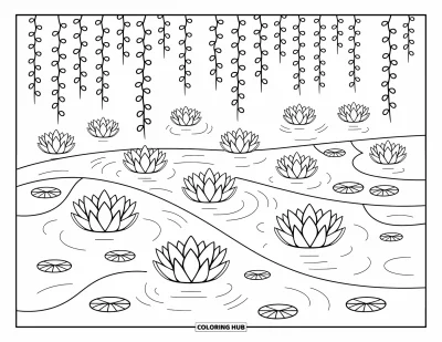 Coloriage de lotus pour adultes : Des lotus lumineux dérivent sur une rivière tranquille avec des lianes de lotus qui se balancent