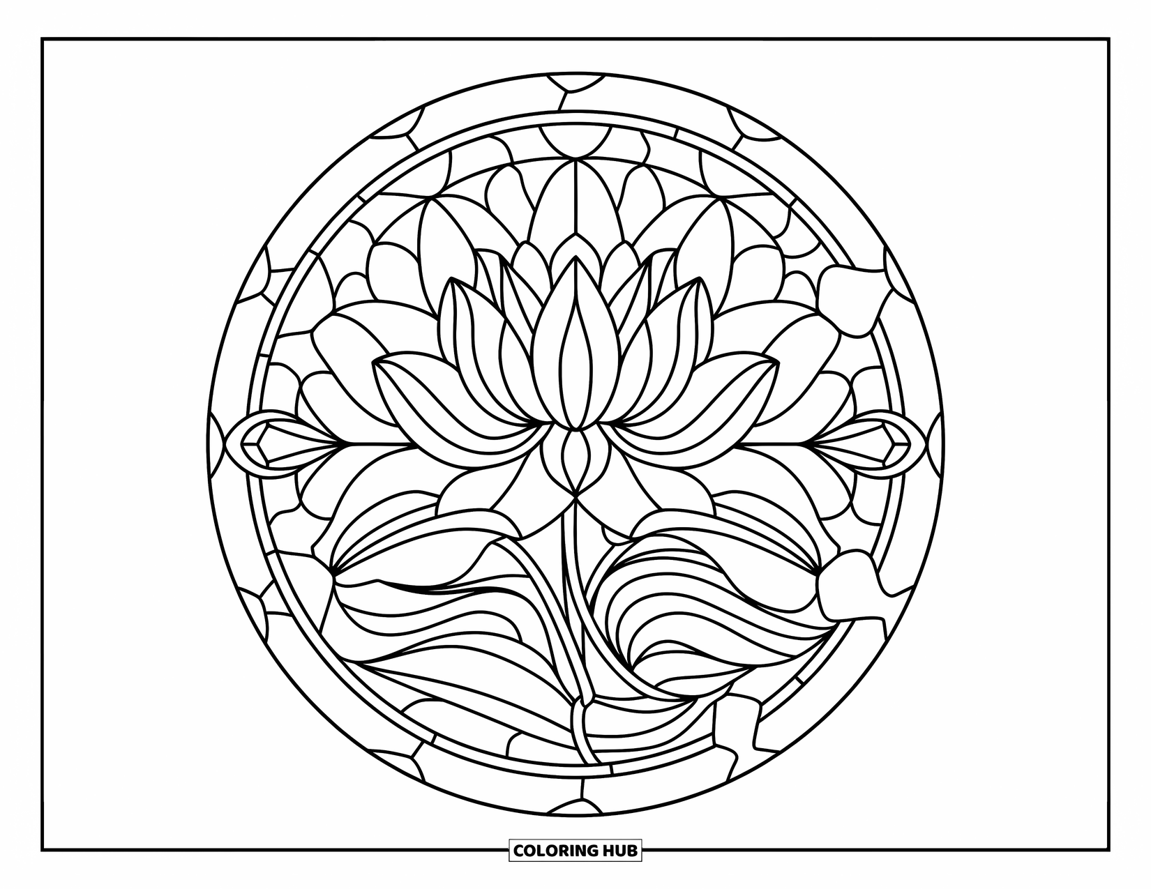 Lotus Coloring Page for Adults: Intricate lotus inside a round stained glass-style window with swirling shapes