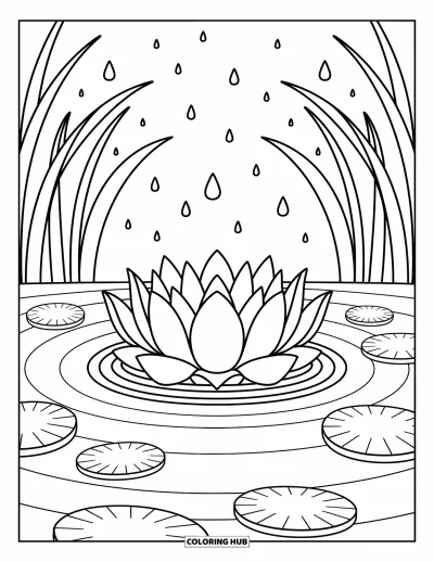 Coloriage de lotus pour adultes : Un grand lotus en fleur dans un étang rond entouré de nénuphars et d'ondulations