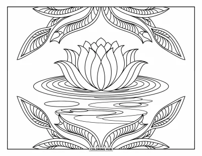 Coloriage de lotus pour adultes : Un grand lotus avec des ondulations et une bordure de feuilles symétrique