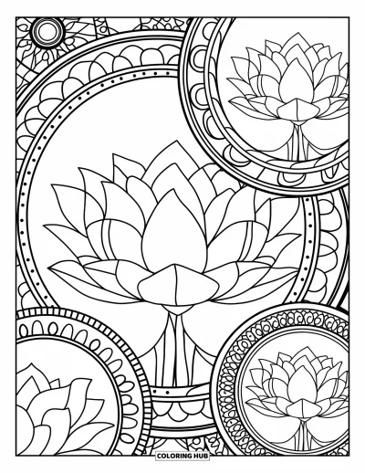 Coloriage de lotus pour adultes : Des lotus superposés disposés en anneaux de mandala détaillés