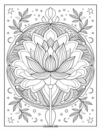 Coloriage de lotus pour adultes : Un lotus encadré par un mandala botanique de feuilles et d'étoiles